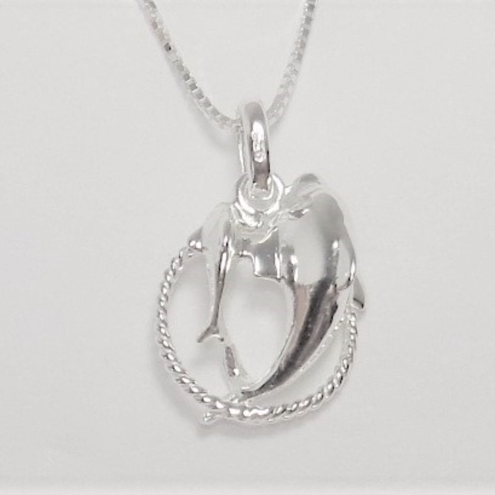 STERLING SILVER MAMA AND BABY DOLPHIN SWIMMING IN RING PENDANT NECKLACE